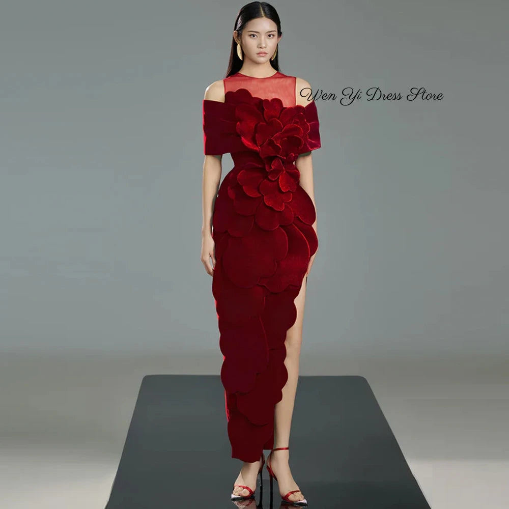 Elegant Burgundy Velour Evening Dress O-Neck Off the Shoulder