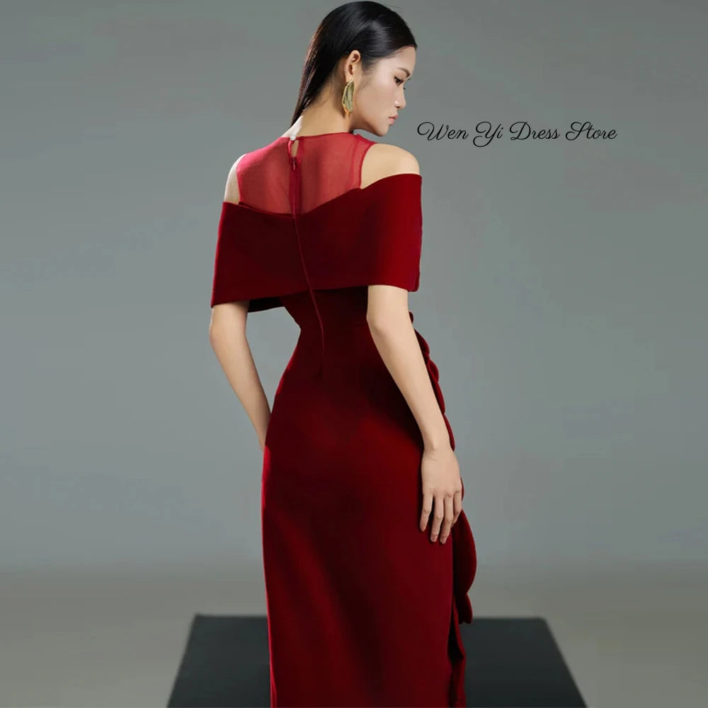 Elegant Burgundy Velour Evening Dress O-Neck Off the Shoulder