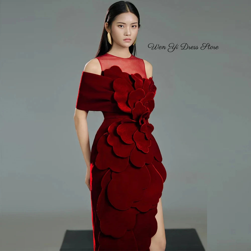 Elegant Burgundy Velour Evening Dress O-Neck Off the Shoulder