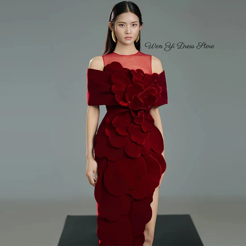 Elegant Burgundy Velour Evening Dress O-Neck Off the Shoulder