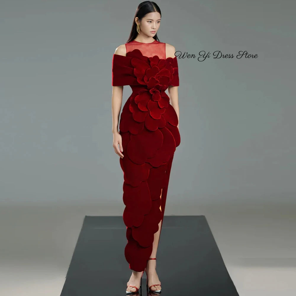 Elegant Burgundy Velour Evening Dress O-Neck Off the Shoulder