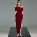 Elegant Burgundy Velour Evening Dress O-Neck Off the Shoulder