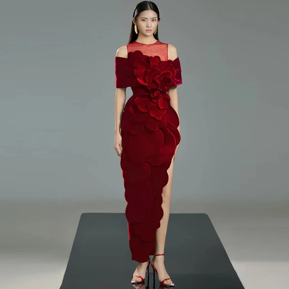 Elegant Burgundy Velour Evening Dress O-Neck Off the Shoulder